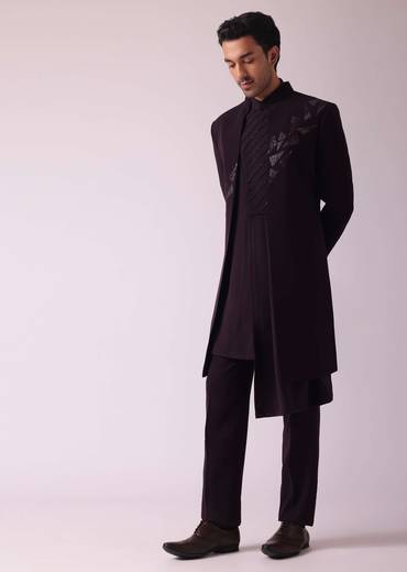 Wine Purple Embroidered Indowestern In Suiting Fabric