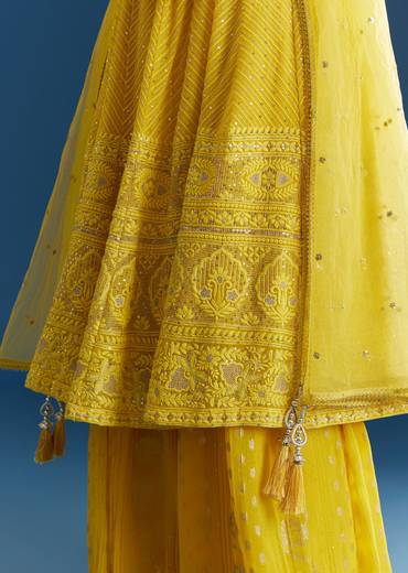 Yellow A Line Georgette Kurta Palazzo Suit