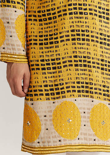 Yellow And Black Silk Resham Printed Kurta Set