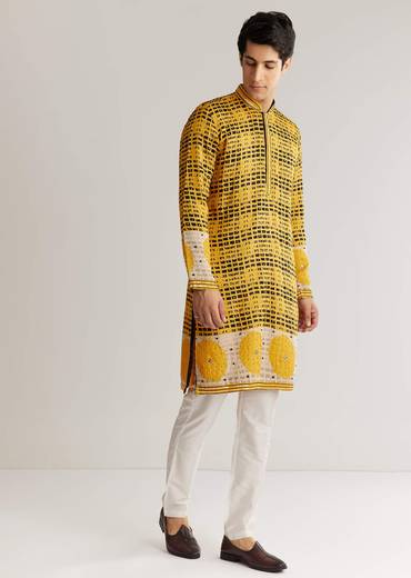 Yellow And Black Silk Resham Printed Kurta Set