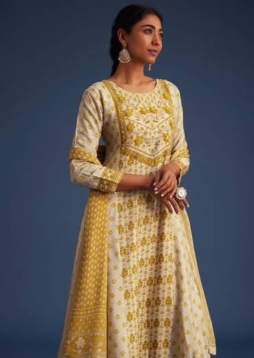 Yellow And Cream Silk Printed Anarkali Set With Chiffon Dupatta