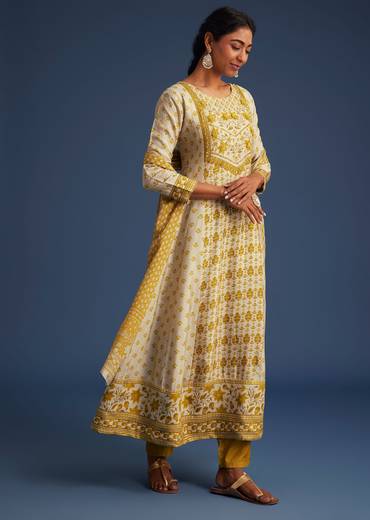 Yellow And Cream Silk Printed Anarkali Set With Chiffon Dupatta