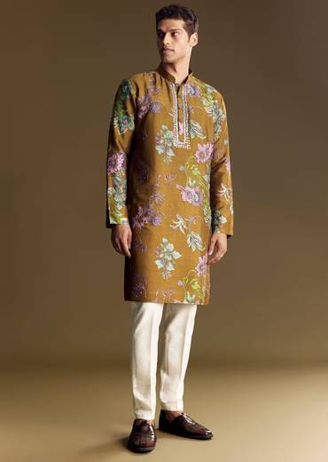 Yellow Art Silk Kurta Set With Mirror And French Knot Embroidery