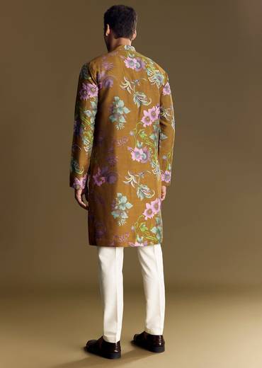 Yellow Art Silk Kurta Set With Mirror And French Knot Embroidery