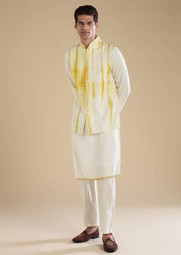 Yellow Banarasi Silk Jacket Kurta Set with Sequin Work
