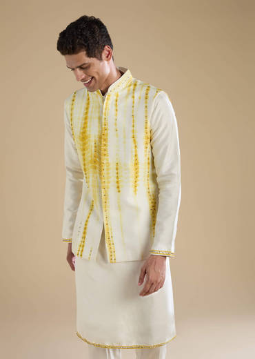 Yellow Banarasi Silk Jacket Kurta Set with Sequin Work
