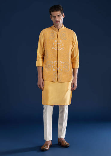 Yellow Chanderi Jacket Kurta Set with Dori Work
