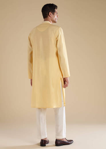 Yellow Chanderi Kashmiri Hand Work Straight Mens Kurta Set