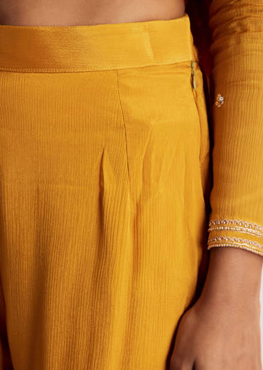 Yellow Chinon Anarkali Suit With Moti Sequins And Cutdana Dupatta