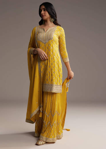 Yellow Chinon Palazzo Suit With Sequin Embroidery