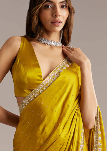Yellow Chinon Saree With Stone And Sequin Embroidery
