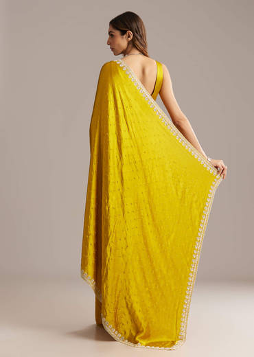 Yellow Chinon Saree With Stone And Sequin Embroidery