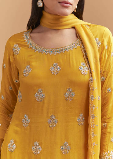 Yellow Chinon Sharara Suit With Intricate Cutdana Work