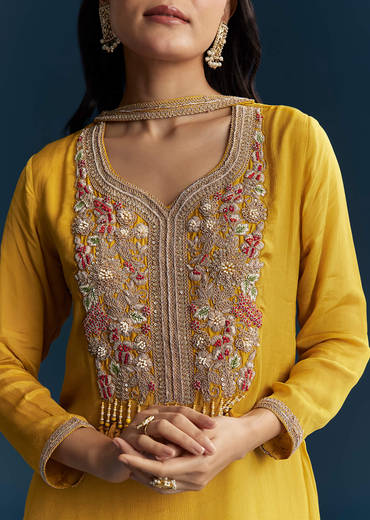 Yellow Chinon Sharara Suit With Zardosi Work