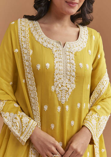 Yellow Cotton Anarkali Suit With Delicate Resham Work
