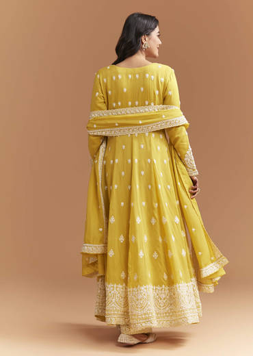 Yellow Cotton Anarkali Suit With Delicate Resham Work