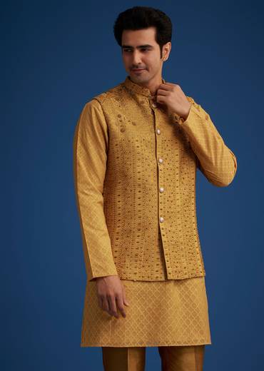 Yellow Cotton Linen Jacket With Stone And Thread Embroidery