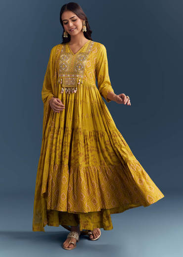 Yellow Cotton Printed Anarkali Suit With Mirror And Thread Embroidery