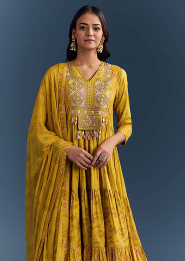 Yellow Cotton Printed Anarkali Suit With Mirror And Thread Embroidery