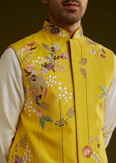 Yellow Cotton Silk Kurta Set With Floral Embroidered Jacket