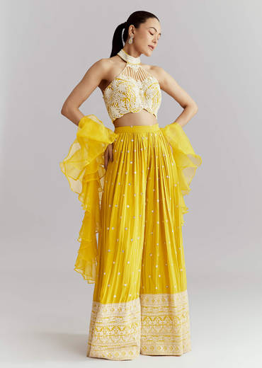 Yellow Crepe Crop Top Palazzo Pant Set With Embroidery