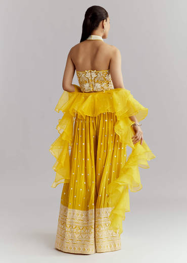 Yellow Crepe Crop Top Palazzo Pant Set With Embroidery