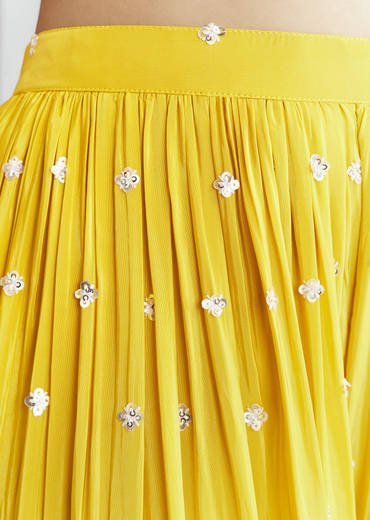 Yellow Crepe Crop Top Palazzo Pant Set With Embroidery