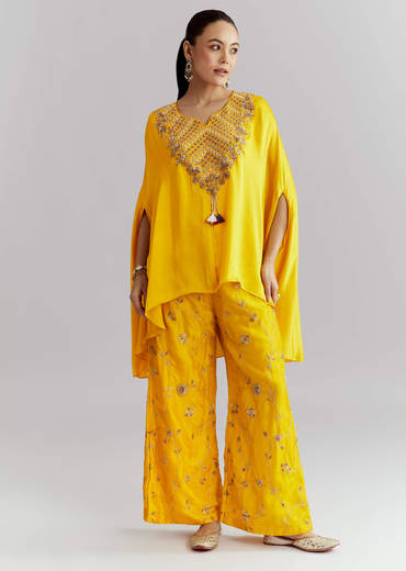 Yellow Crepe Indo Western Set With Heavy Hand Embroidery