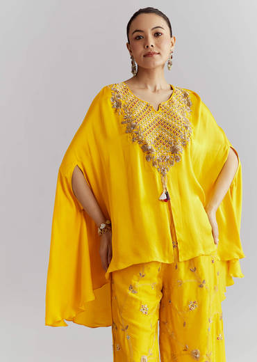 Yellow Crepe Indo Western Set With Heavy Hand Embroidery