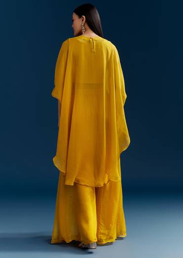 Yellow Crop Top Cape Set With Embroidery And Fancy Sleeves
