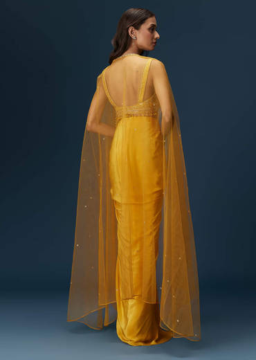Yellow Crop Top Set With Embroidered Blouse And Drape Dupatta