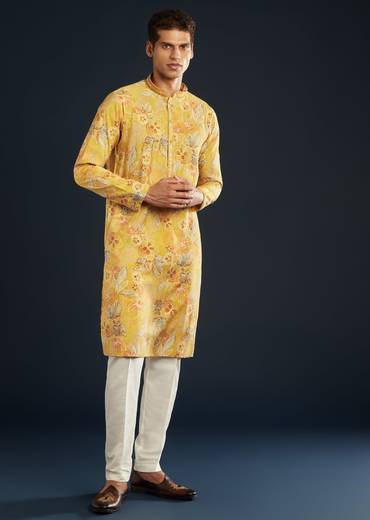 Yellow Silk Kurta Set with Floral print all over