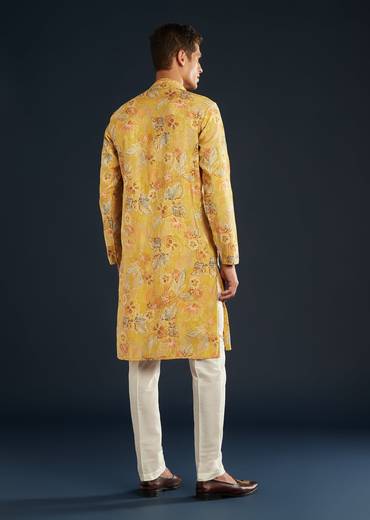 Yellow Silk Kurta Set with Floral print all over