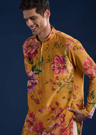 Yellow Floral Print Mens Kurta and Pant Set