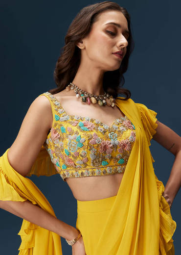 Yellow Frill Saree With Floral Embroidery