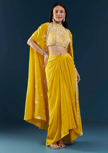 Yellow Fusion Crop Top Skirt Set with Cape