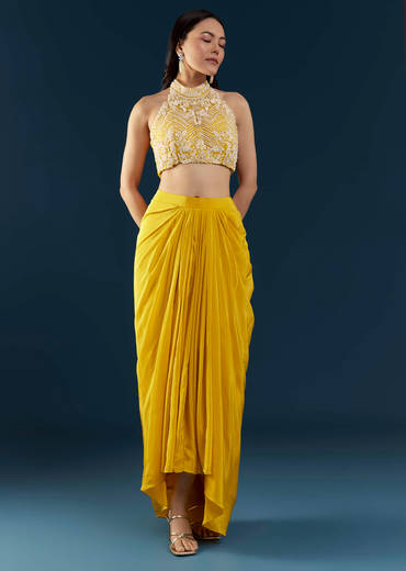 Yellow Fusion Crop Top Skirt Set with Cape
