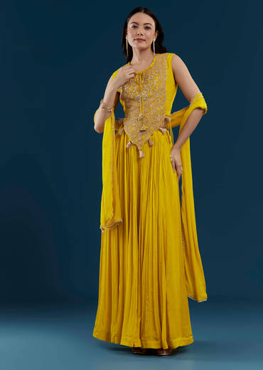 Yellow Fusion Crop Top Skirt Set with Zardozi Work