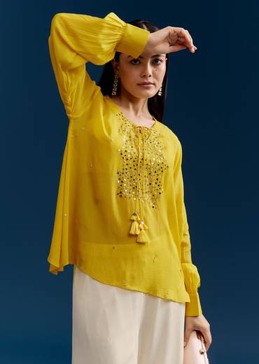 Yellow Georgette Crop Top With Mirror Work