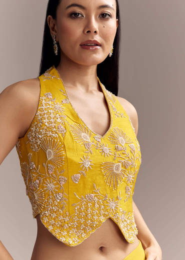 Yellow Georgette Embellished Crop Top And Palazzo Set With Cutdana Work
