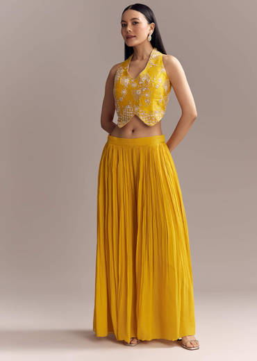 Yellow Georgette Embellished Crop Top And Palazzo Set With Cutdana Work
