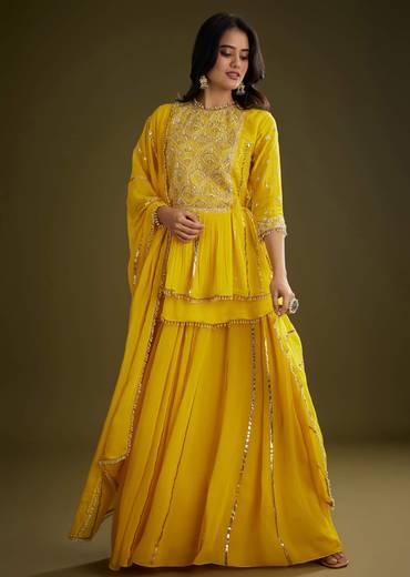 Yellow Georgette Gotta Lace Kurta Set With Cut Dana and Sequins Embellishments