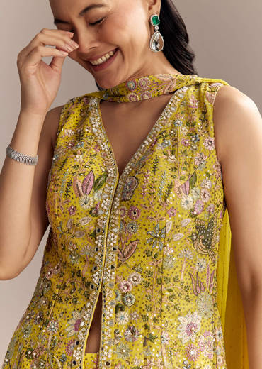 Yellow Georgette Palazzo Suit With Heavy Sequins And Resham Work