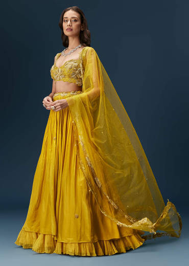 Yellow Indo Western Lehenga With Rushed Skirt And Embroidered Dupatta