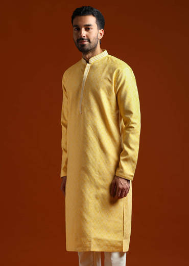 Yellow Jacquard Kurta Set For Men With Subtle Print