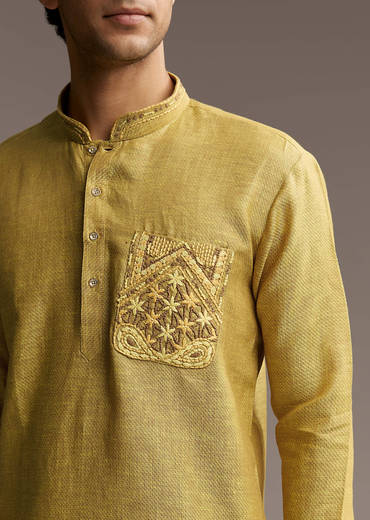 Yellow Linen Kurta Set For Men With Thread Hand Embroidery