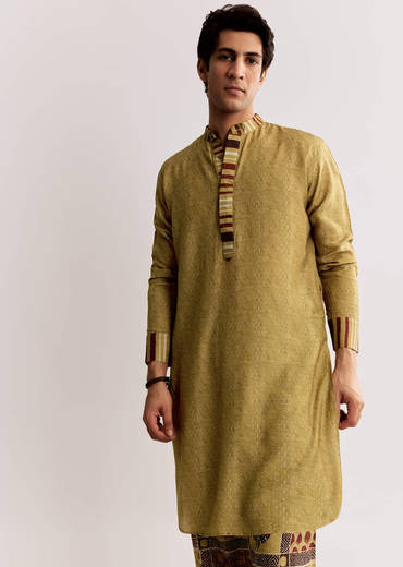 Yellow Linen Kurta Set With Ajrakh Print