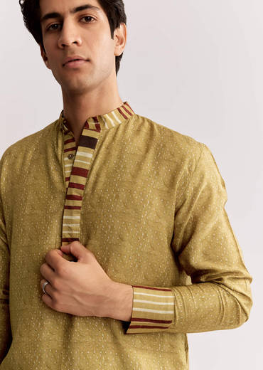 Yellow Linen Kurta Set With Ajrakh Print