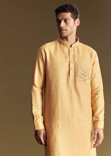 Yellow Linen Kurta Set With Embroidered Thread