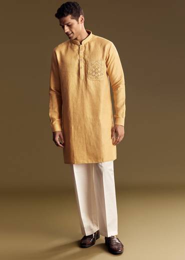 Yellow Linen Kurta Set With Embroidered Thread